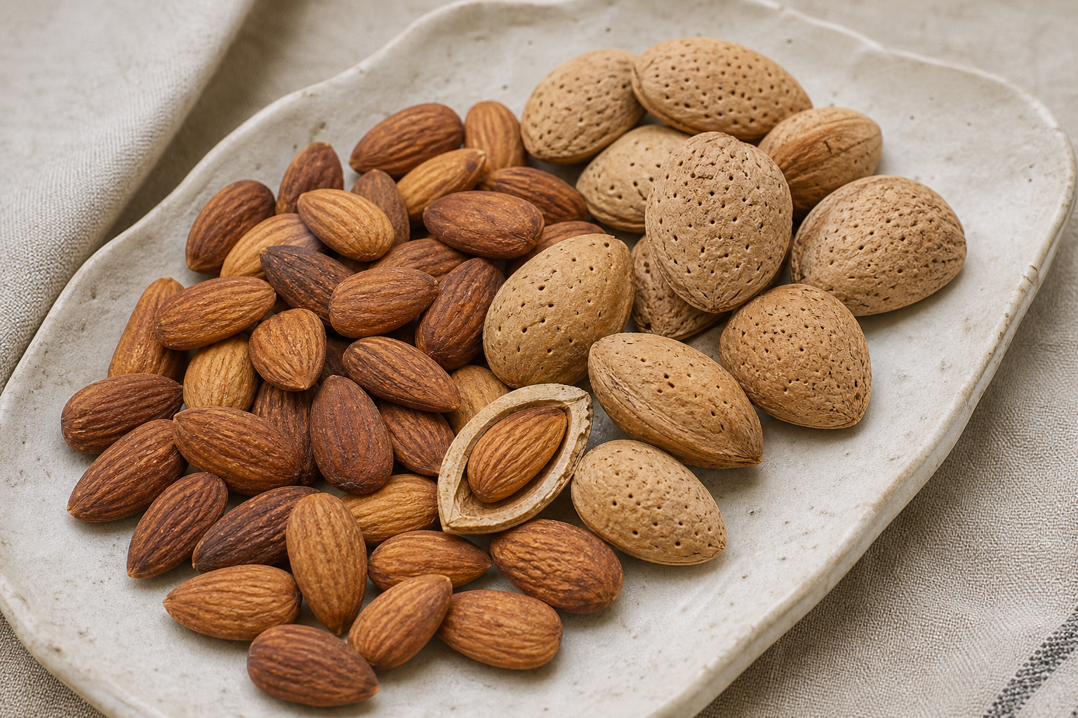 Naturally varied Kashmiri almonds with shells and kernels