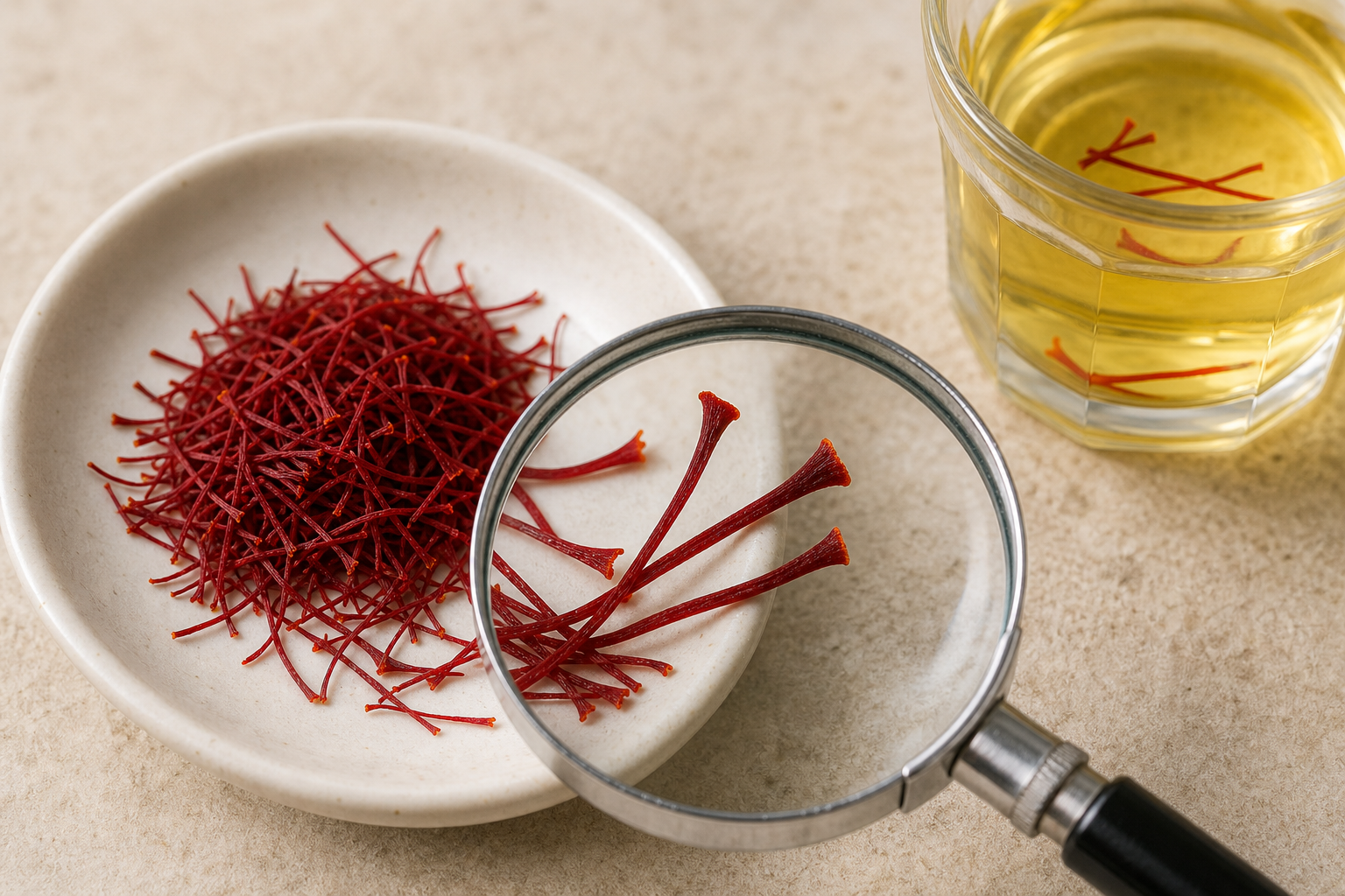 Whole Kashmiri saffron threads examined under a magnifying glass beside a golden infusion