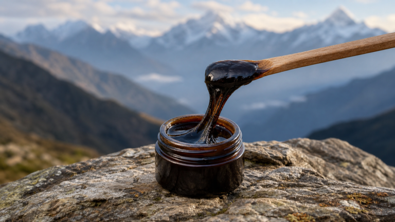 Himalayan Shilajit resin in an amber jar against a mountain landscape