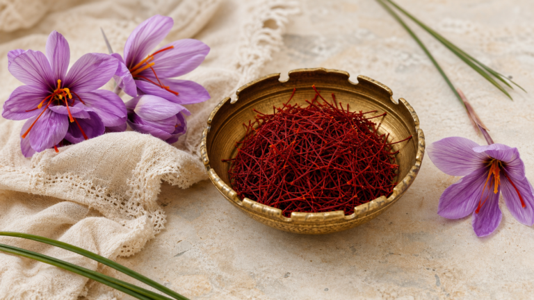 Pure Kashmiri Mongra saffron threads with purple crocus flowers