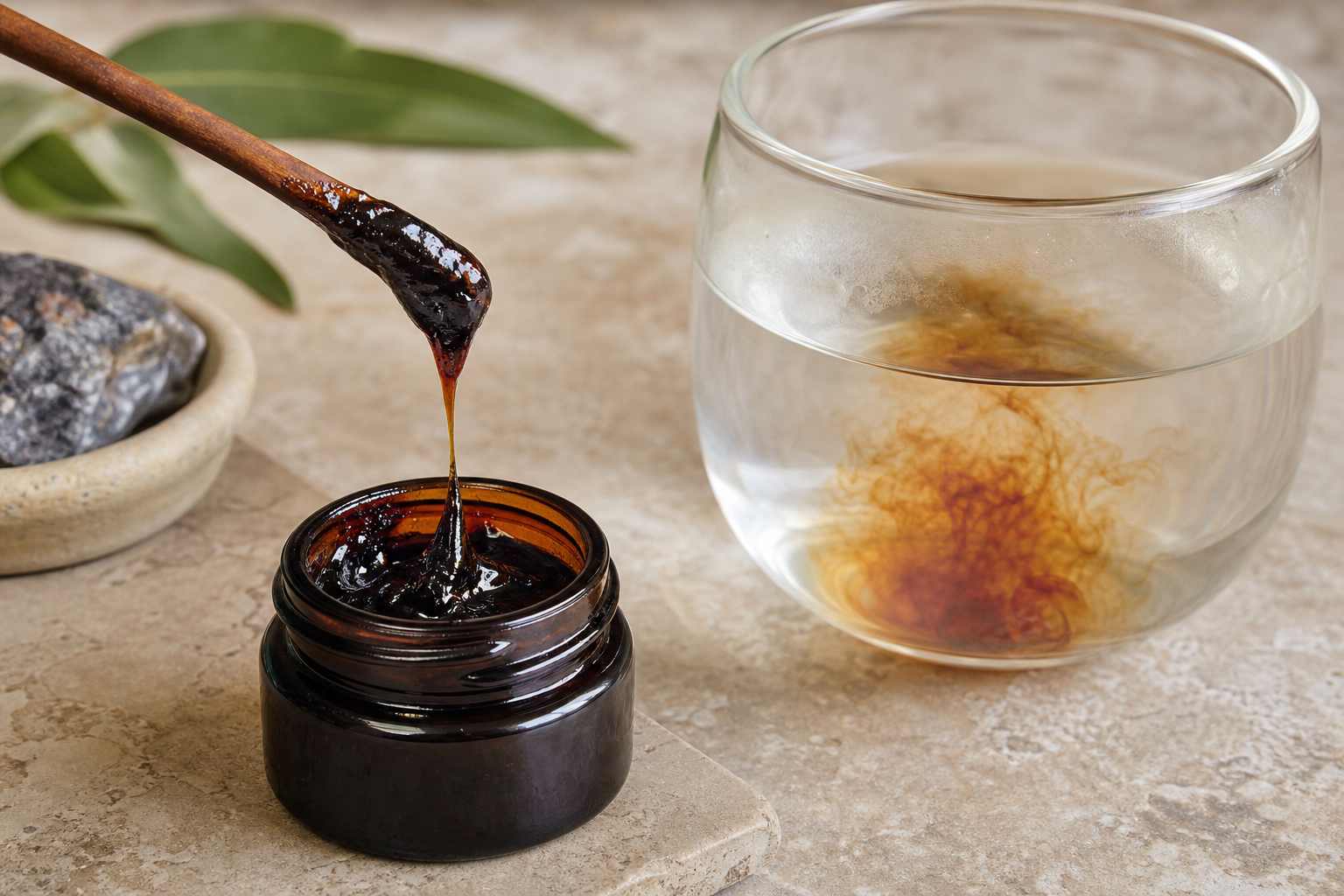 Dark Shilajit resin on a wooden applicator beside a warm-water dispersion