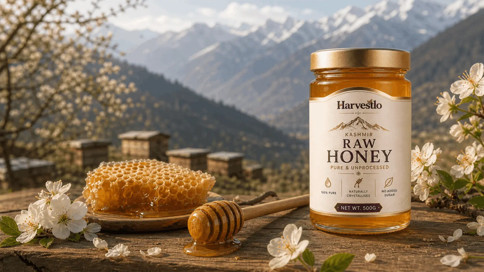 Himalayan Shilajit resin in an amber jar against a mountain landscape