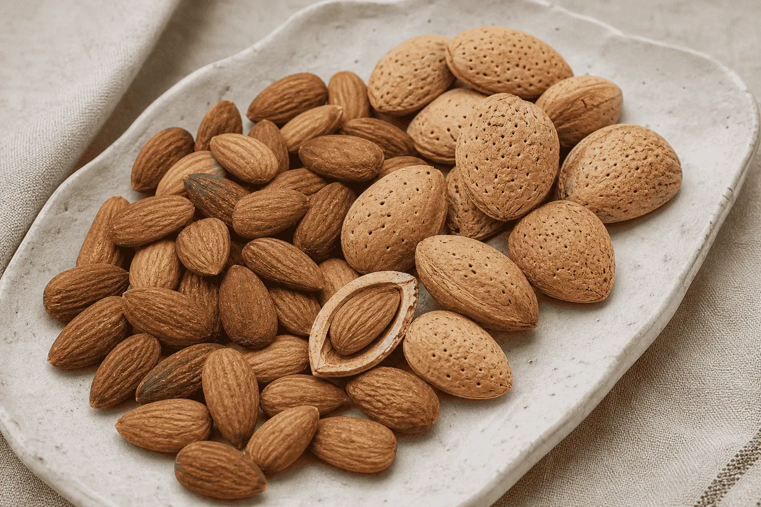 Naturally varied Kashmiri almonds with shells and kernels
