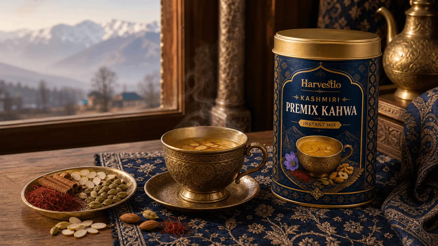 Himalayan Shilajit resin in an amber jar against a mountain landscape